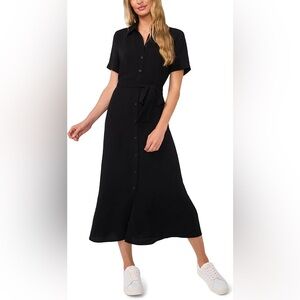 CeCe Short Sleeve Button Down Midi Dress Black 2X NWT
